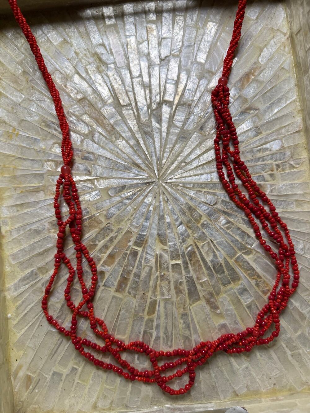 Boho Red Seed Bead Multi Strand Necklace 34” Long Twisted Statement